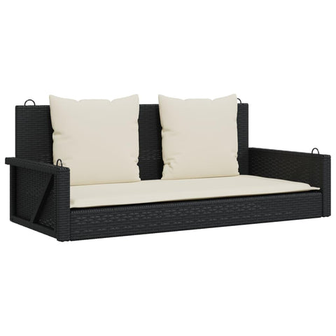 vidalXL Black Swing Bench - Poly Rattan Hammock Chair with Cushions for Garden/Patio with Steel Frame - Weather-