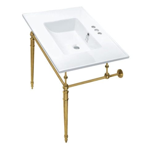 Kingston Brass KVPB31227W4BB Edwardian 31" Console Sink with Brass Legs (4-Inch, 3 Hole), White/Brushed Brass