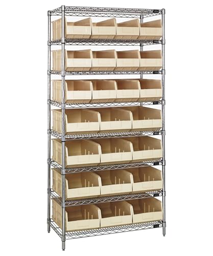 Quantum Storage Systems WR8-483485IV Wire Heavy Duty 8 Shelves 24 Stackable Shelf Ivory Bins 74" H x 36" W x 21" D