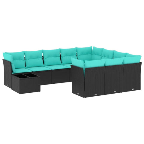 vidaXL Patio Sofa Set with Cushions 11 Piece, Sectional Sofa with Glass Table, Outdoor Conversation Set, Modern Style, Black Poly Rattan