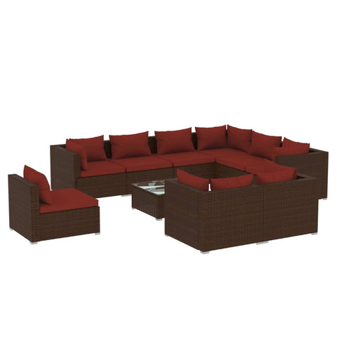 vidaXL Patio Lounge Set -10 Piece Outdoor Furniture, Poly Rattan with Cushions, Weather Resistant, Lightweight Frame, Modular Design, Brown and Cinnamon Red Lounge Set for Garden/Patio.