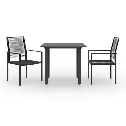 vidaXL Modern Patio Dining Set - 3 Piece Outdoor Furniture with Steel Frame, Glass Top Table and PVC Hollow Rattan Chairs with Backrest, Black