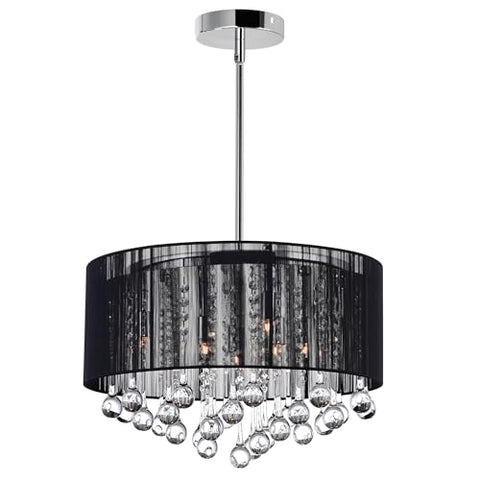 Water Drop 6 Light 18in Chrome Chandelier with Black Shade with Crystal Drops