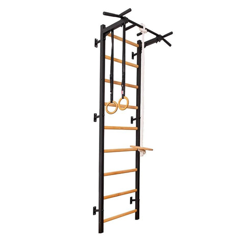 BenchK 721B+A076 Wallbar, Stall Bar, Gymnastic Ladder, Multifunctional Equipment with Fixed Metal Pull Up Bar, Chin Up Bar and Wooden Rings, Climbing Rope with Swing. for Hanging Exercises