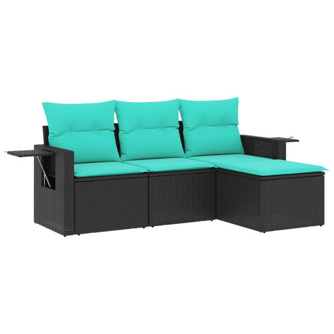vidaXL Outdoor Patio Sofa Set - 4 Piece Black PE Rattan, Cushioned Lounge Furniture for Garden/Deck/Terrace with Modular Design and Foldable Side Tables, UV-
