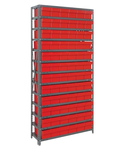 Quantum Storage Systems 2475-603RD Solid Heavy Duty 13 Shelves 72 Super Tuff Euro Red Bins 75" H x 36" W x 24" D