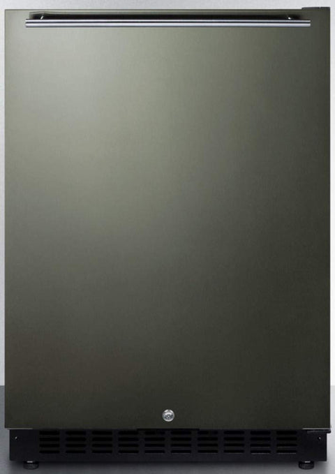 Built-in undercounter ADA compliant all-refrigerator with black stainless steel door, horizontal handle, black cabinet, door storage, and digital controls