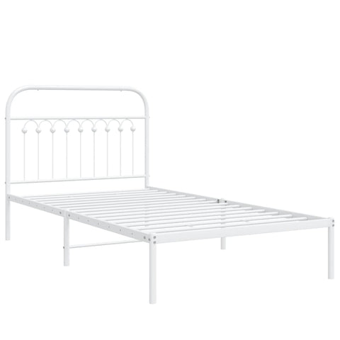 vidaXL Metal Single Bed Frame with Headboard, Steel, White, 39.4"x78.7", Storage Space, Mattress Support