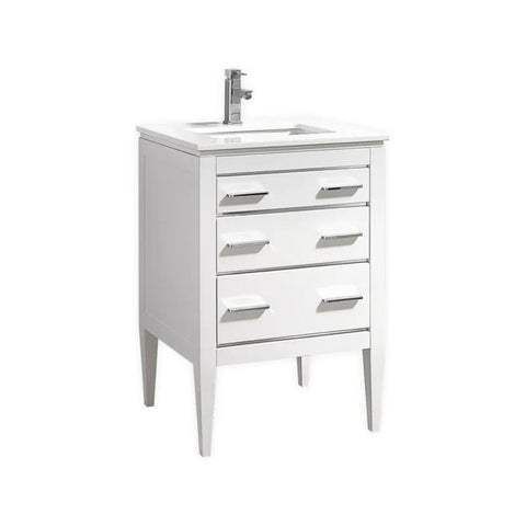 Oakestry Eiffel 24 Inch High Gloss White Freestanding Modern Bathroom Vanity with White Quartz Countertop and Soft Close Drawer