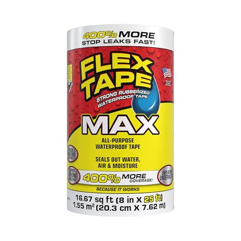 Flex Tape, MAX, Original Thick Flexible Rubberized Waterproof Tape - Seal and Patch Leaks, Works Underwater, Indoor Outdoor - Home RV Roof and Pool Repairs, White, 8 in x 25 ft, Pack of 1