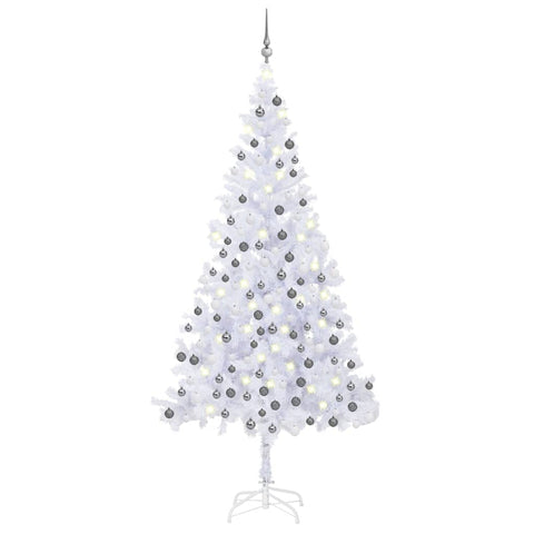 vidaXL Artificial Christmas Tree with LED Lights and Ball Set, Dense 910 Branches, 82.7-Inch Tall, Indoor Use, Shiny and Glitter Decorations, White and Gray, Easy Assembly and Storage