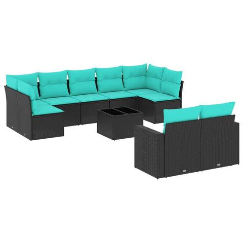 vidaXL Patio Sofa Set with Cushions 10 Piece, Sectional Sofa with Glass Table, Outdoor Conversation Set, Patio Furniture, Black Poly Rattan