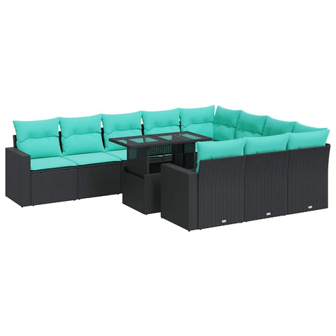 vidaXL 11 Piece Patio Sofa Set with Cushions Black Poly Rattan Acacia, Garden Sofa Set, Garden Lounge Set, Poly Rattan Sofa Set, Outdoor Sofa Set