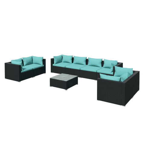 vidaXL Poly Rattan Black Patio Lounge Set with Water-Blue Cushions - 7 Piece Outdoor Garden Sofa Set with Tempered Glass Coffee Table and Modular Design