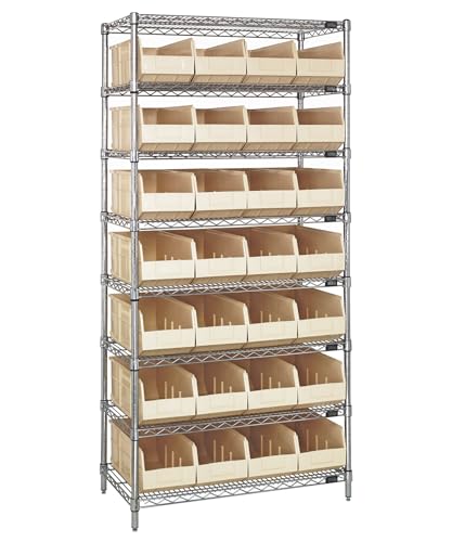 Quantum Storage Systems WR8-463IV Wire Heavy Duty 8 Shelves 28 Stackable Shelf Bins Ivory Bins 74" H x 36" W x 18" D