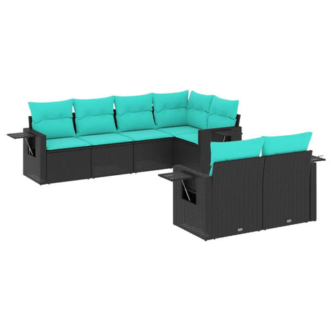 vidaXL 7 Piece Patio Sofa Set - Black Poly Rattan Outdoor Furniture with Blue Cushions, Modular Design, Foldable Side Tables, Weather- for Garden, Terrace, Deck