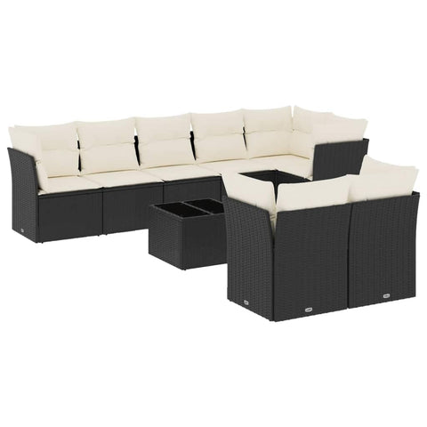 vidaXL Patio Sofa Set with Cushions 9 Piece, Sectional Sofa with Glass Table, Outdoor Conversation Set, Modern Style, Black Poly Rattan