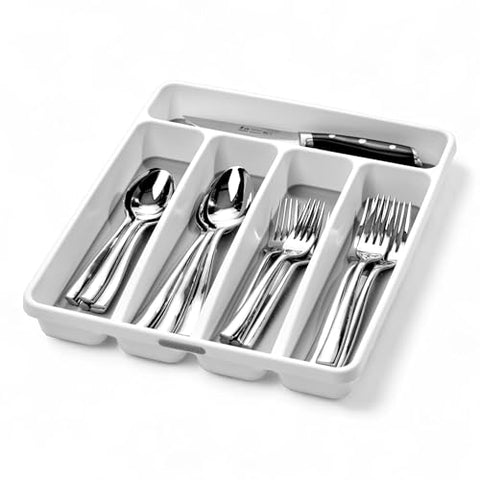 madesmart Classic Small Silverware Tray - White | CLASSIC COLLECTION | 5-Compartments | Icons help sort Flatware, Utensils and Cutlery | Soft-grip Lining and Non-slip Feet | BPA-Free