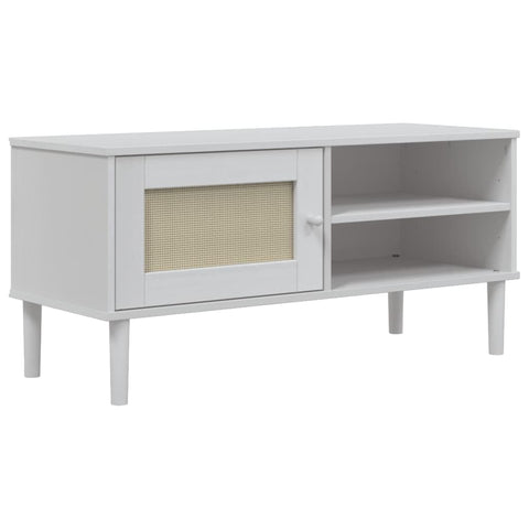 vidaXL SENJA TV Stand with Rattan Look - White, Solid Pine Wood, UV Varnish Finish, Multiple Compartments