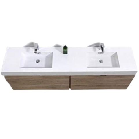 Oakestry Bliss 72 Inch Wall Mounted Bathroom Vanity Butternut Finish Modern Floating Cabinet with Double Integrated Ceramic Sinks and Soft Close Drawers for Large Bathrooms