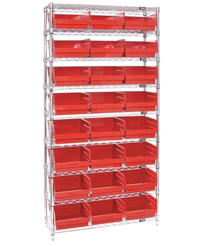 Quantum Storage Systems WR9-210RD 9-Tier Complete Wire Shelving System with 24 QSB210 Red Store-More Bins, Chrome Finish, 18" Width x 36" Length x 74" Height