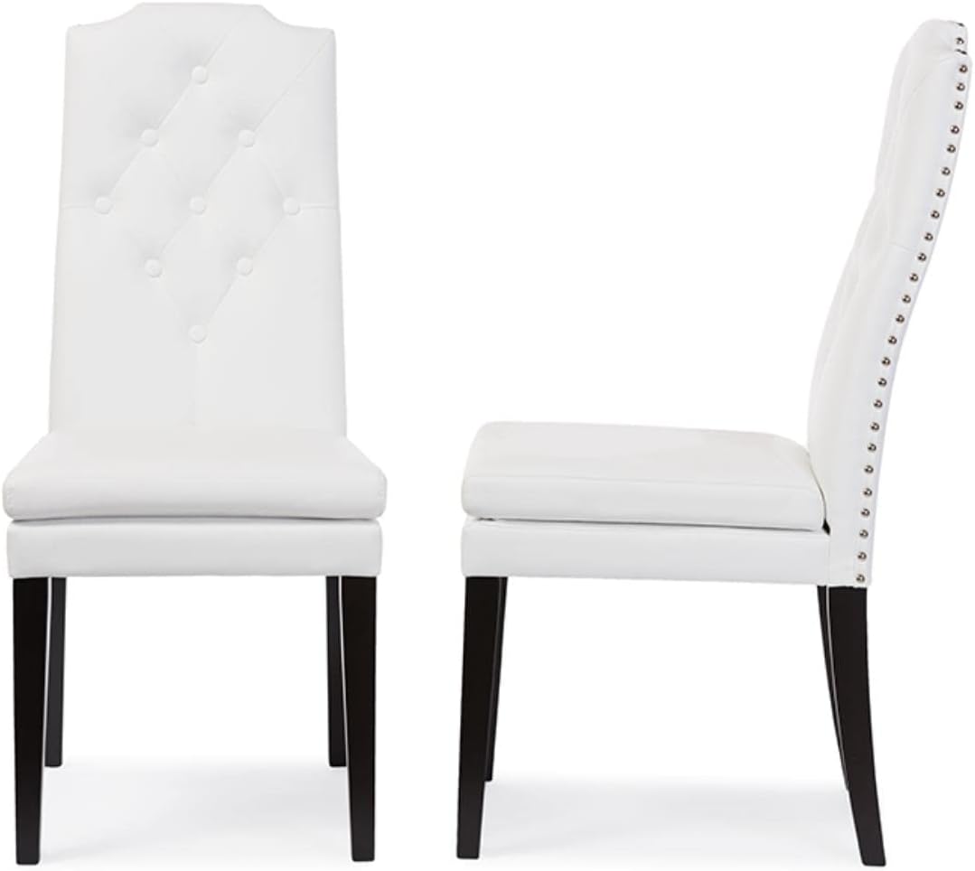 Baxton Studio Dylin Dining Chair and Dining Chair White Faux Leather Button-Tufted Nail heads Trim Dining Chair