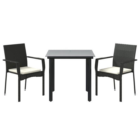 vidaXL 3 Piece Patio Dining Set in Black Poly Rattan - Stylish Outdoor Seating with Backrest and Cream White Cushions, Weather-Resistant Material, Modular Design, Equipped with a Cleanable Temper...
