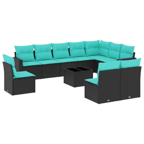 vidaXL Patio Sofa Set with Cushions 11 Piece, Sectional Sofa with Glass Table, Outdoor Conversation Set, Patio Furniture, Black Poly Rattan