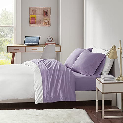 Intelligent Design Cotton Blend Jersey Knit Bed Sheet Set Wrinkle Resistant, Soft Sheets with 14" Deep Pocket, All Season, Cozy Bedding-Set, Matching Pillow Case, Twin XL, Purple 3 Piece