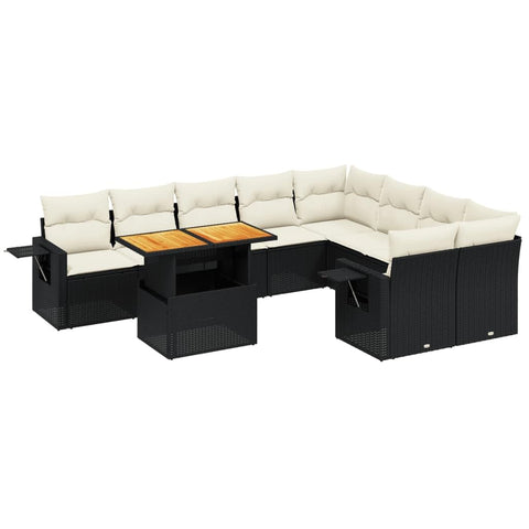vidaXL 10 Piece Garden Sofa Set with Cushions Black & Cream Modular Outdoor Furniture Water Resistant UV Proof Seating for 9 Adults Contemporary Design Removable Covers Patio Poly Rattan Lounge