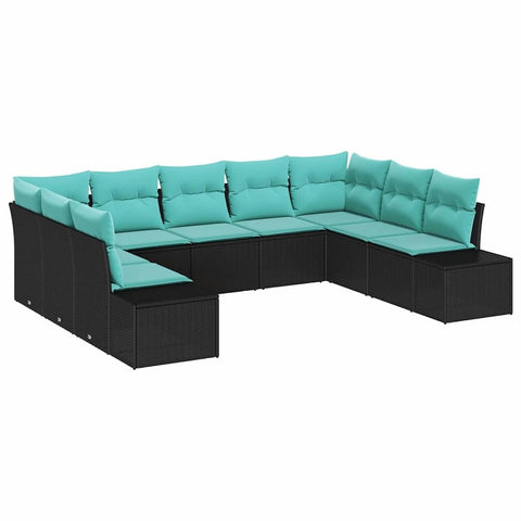 vidaXL Garden Sofa Set with Cushion 9 pcs Black Poly Rattan, Outdoor Lounge Set, Modular Sofa, Rattan Furniture for Relaxing, Chill Anywhere