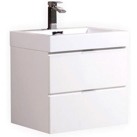 Oakestry Bliss 24 Inch Wall Mounted Bathroom Vanity High Gloss White Finish Modern Floating Cabinet with Integrated Sink and Soft Close Storage for Small and Medium Bathrooms