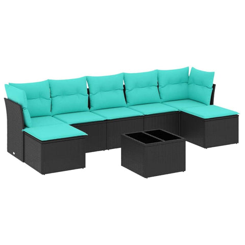 vidaXL Patio Sofa Set with Cushions 8 Piece, Sectional Sofa with Glass Table, Outdoor Conversation Set, Modern Style, Black Poly Rattan