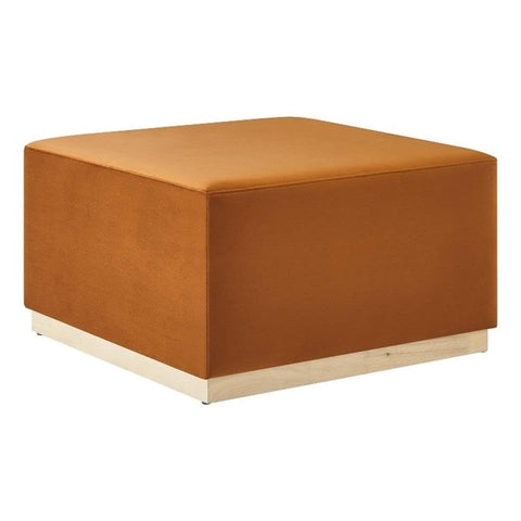 Modway Tilden 28 Inch Square Performance Velvet Upholstered Ottoman in Rust Natural - Large Ottoman Foot Rest with Rubberwood Plinth Base, Living Room Ottoman Coffee Table - Velvet Ottoman Table
