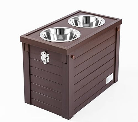 New Age Pet ECOFLEX Piedmont Elevated Dog Feeder, Sliding Lid Storage, Includes two 32oz Stainless Steel Bowls Easy Clean, 10 Year Warranty, Brown