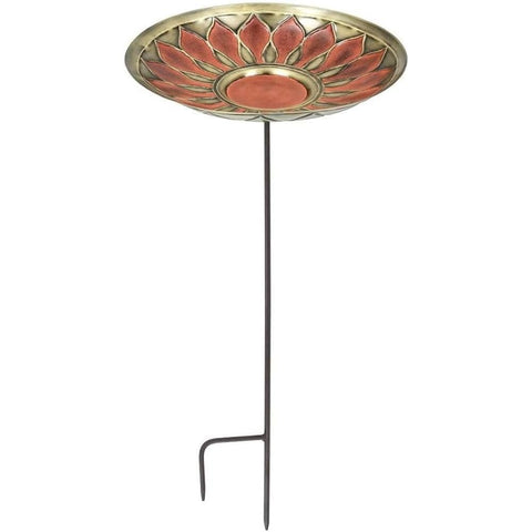 Oakestry African Daisy Birdbath Bowl Brass Flower Pattern 16 Inches Metal Garden Stake Red & Black Decorative Birdbath for Garden Outdoor Decor and Landscaping