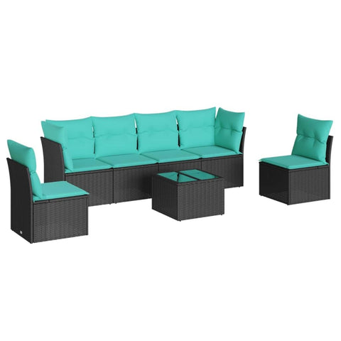 vidaXL 7-piece garden furniture set, garden furniture set with cushions, seating set for garden terrace, sectional garden sofa, table with glass top, black polyrattan