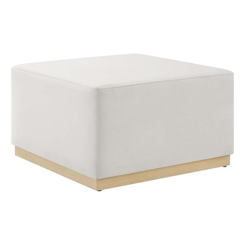 Modway Tilden 28 Inch Square Performance Velvet Upholstered Ottoman in Alabaster Natural - Large Ottoman Foot Rest with Rubberwood Plinth Base, Living Room Ottoman Coffee Table - Velvet Ottoman Table