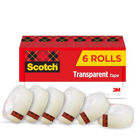 Scotch Transparent Tape, Clear Tape Engineered for Office and Home Use, 1 Inch Core, 3/4 in x 1296 in, 6 Rolls