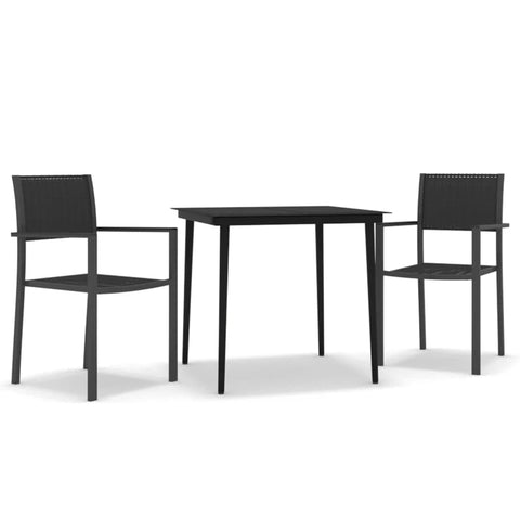 vidaXL 3 Piece Patio Dining Set in Black - Outdoor Gathering Furniture with Powder-Coated Steel Frame, Glass Tabletop and Plastic Dinner Chairs with Rattan Design