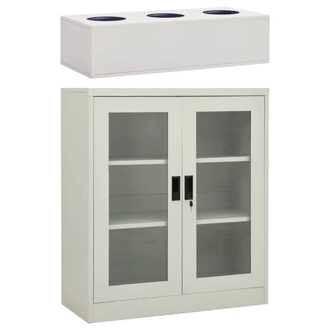 vidaXL Office Cabinet, Storage Cabinet with Glass Doors and Planter Box, Display Cabinet for Home Office, Industrial Style, Light Gray Steel