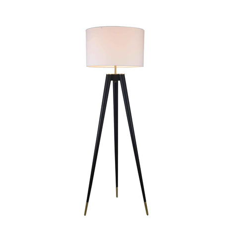 BETHEL Black Frame with Brass Hardware Floor LAMP with A White Linen Drum Shade