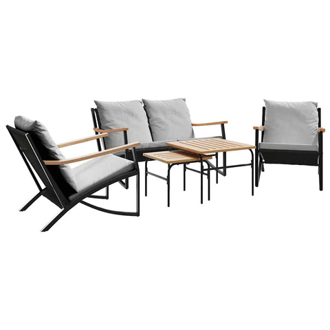 vidaXL 5 Piece Balcony Furniture Set - Black Steel with Light Gray Cushions, Outdoor Chair & Bench Seating for Patio/Garden/Terrace Combination Lounge Furniture, 3283638