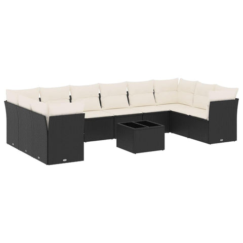 vidaXL Patio Sofa Set with Cushions 11 Piece, Sectional Sofa with Glass Table, Outdoor Conversation Set, Modern Style, Black Poly Rattan