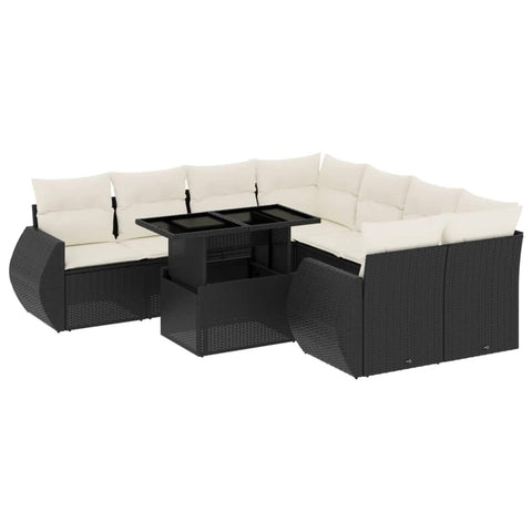 vidaXL Patio Sofa Set with Cushions 9 Piece, Garden Lounge Set, Outdoor Conversation Set, Sectional Sofa for Garden, Modern Style, Black Poly Rattan