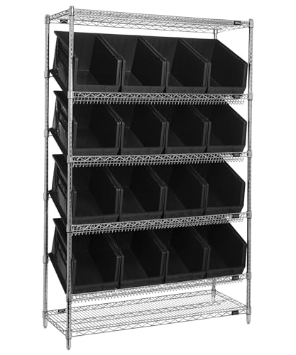 Quantum Storage Systems WRSL6-74-1848-260BK Wire Slanted 6 Shelves 16 Ultra Stack & Hang Black Bins 74" H x 48" W x 18" D