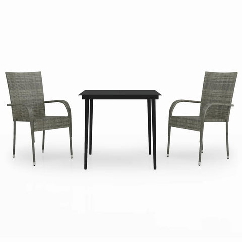 vidaXL 3-Piece Patio Dining Set in Gray and Black - Outdoor Furniture with PE Rattan Chairs and Glass-Top Table