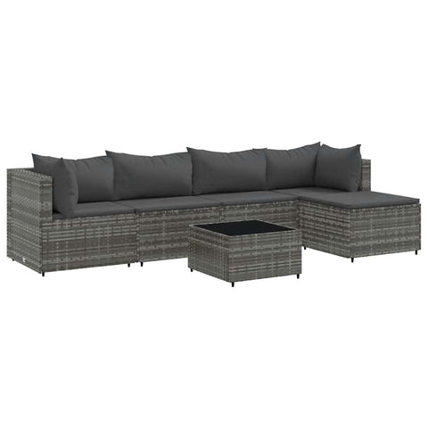 vidaXL 6-Piece Patio Lounge Set with Cushions - Gray Poly Rattan, Powder-Coated Steel, Tempered Glass Tabletop, Modular Design, Suitable for Backyard, Terrace, Garden, Deck
