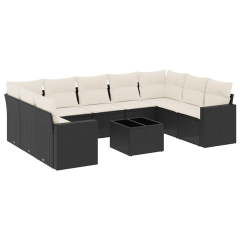 vidaXL Patio Sofa Set with Cushions 10 Piece, Sectional Sofa with Glass Table, Outdoor Conversation Set, Patio Furniture, Black Poly Rattan