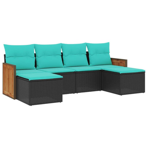 vidaXL 6-Piece Patio Sofa Set with Cushions - Black Poly Rattan Outdoor Furniture - Modular Garden Seating - Easy Clean - Comfortable Blue Cushions